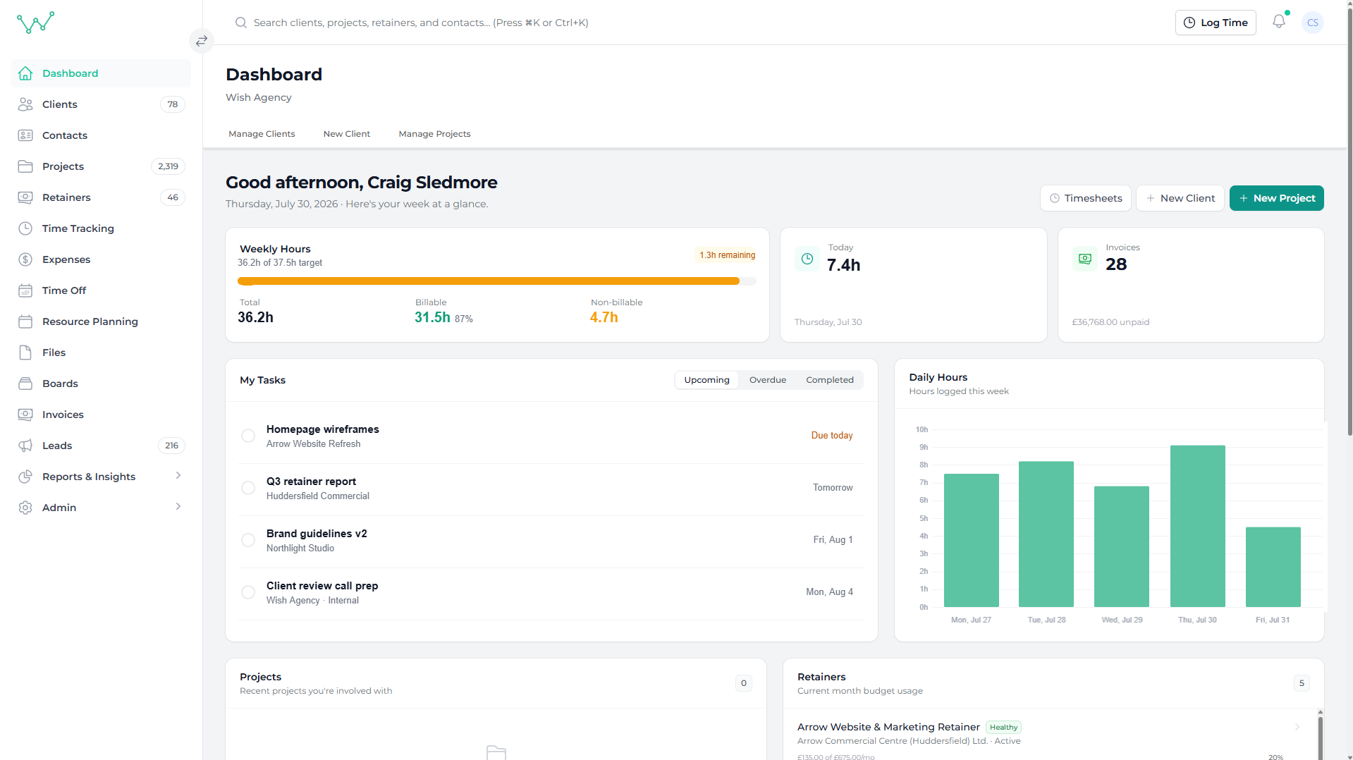 The Wisdom dashboard, showing the week's tracked hours, billable split and open tasks